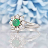 Ellibelle Jewellery Vintage 1975 Emerald & Diamond White Gold Cluster Ring