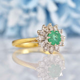 Ellibelle Jewellery Vintage 1976 Emerald & Diamond 18ct Gold Flower Cluster Ring