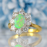 Ellibelle Jewellery Vintage 1976 Opal & Diamond 18ct Gold Cluster Engagement Ring