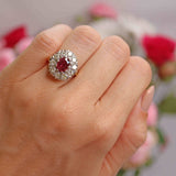 Ellibelle Jewellery Vintage 1976 Ruby & Diamond 18ct Gold Cluster Engagement Ring