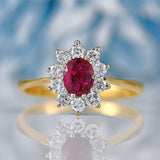 Ellibelle Jewellery Vintage 1976 Ruby & Diamond 18ct Gold Oval Cluster Ring