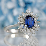 Ellibelle Jewellery Vintage 1976 Sapphire & Vari-Cut Diamond 18ct White Gold Cluster Ring
