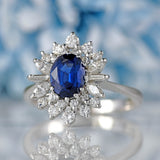 Ellibelle Jewellery Vintage 1976 Sapphire & Vari-Cut Diamond 18ct White Gold Cluster Ring