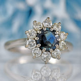 Ellibelle Jewellery Vintage 1977 Teal Sapphire & Diamond 18ct White Gold Cluster Ring