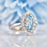 Ellibelle Jewellery Vintage 1978 Aquamarine & Diamond White Gold Marquise Cluster Ring