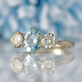 Ellibelle Jewellery Vintage 1978 Aquamarine & Diamond White Gold Three-Stone Engagement Ring