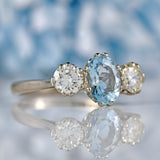 Ellibelle Jewellery Vintage 1978 Aquamarine & Diamond White Gold Three-Stone Engagement Ring