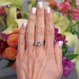 Ellibelle Jewellery Vintage 1978 Aquamarine & Diamond White Gold Three-Stone Engagement Ring