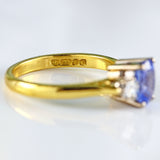 Ellibelle Jewellery Vintage 1979 Ceylon Sapphire & Diamond 18ct Gold Three-Stone Engagement Ring