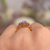 Ellibelle Jewellery Vintage 1979 Ceylon Sapphire & Diamond 18ct Gold Three-Stone Engagement Ring