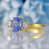 Ellibelle Jewellery Vintage 1979 Ceylon Sapphire & Diamond 18ct Gold Three-Stone Engagement Ring