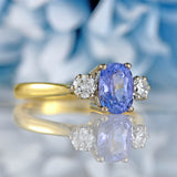 Ellibelle Jewellery Vintage 1979 Ceylon Sapphire & Diamond 18ct Gold Three-Stone Engagement Ring