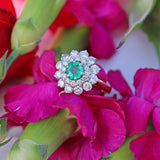 Ellibelle Jewellery Vintage 1979 Hexagonal Emerald & Diamond 18ct Gold Double-Cluster Ring