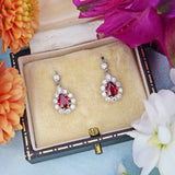 Ellibelle Jewellery Vintage 1979 Ruby & Diamond 18ct White Gold Pear-Cluster Drop Earrings