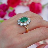 Ellibelle Jewellery Vintage 1980 Emerald & Diamond 18ct Gold Cluster Engagement Ring (3.60cts)