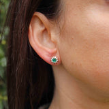 Ellibelle Jewellery Vintage 1980 Emerald & Diamond 18ct Gold Halo Stud Earrings