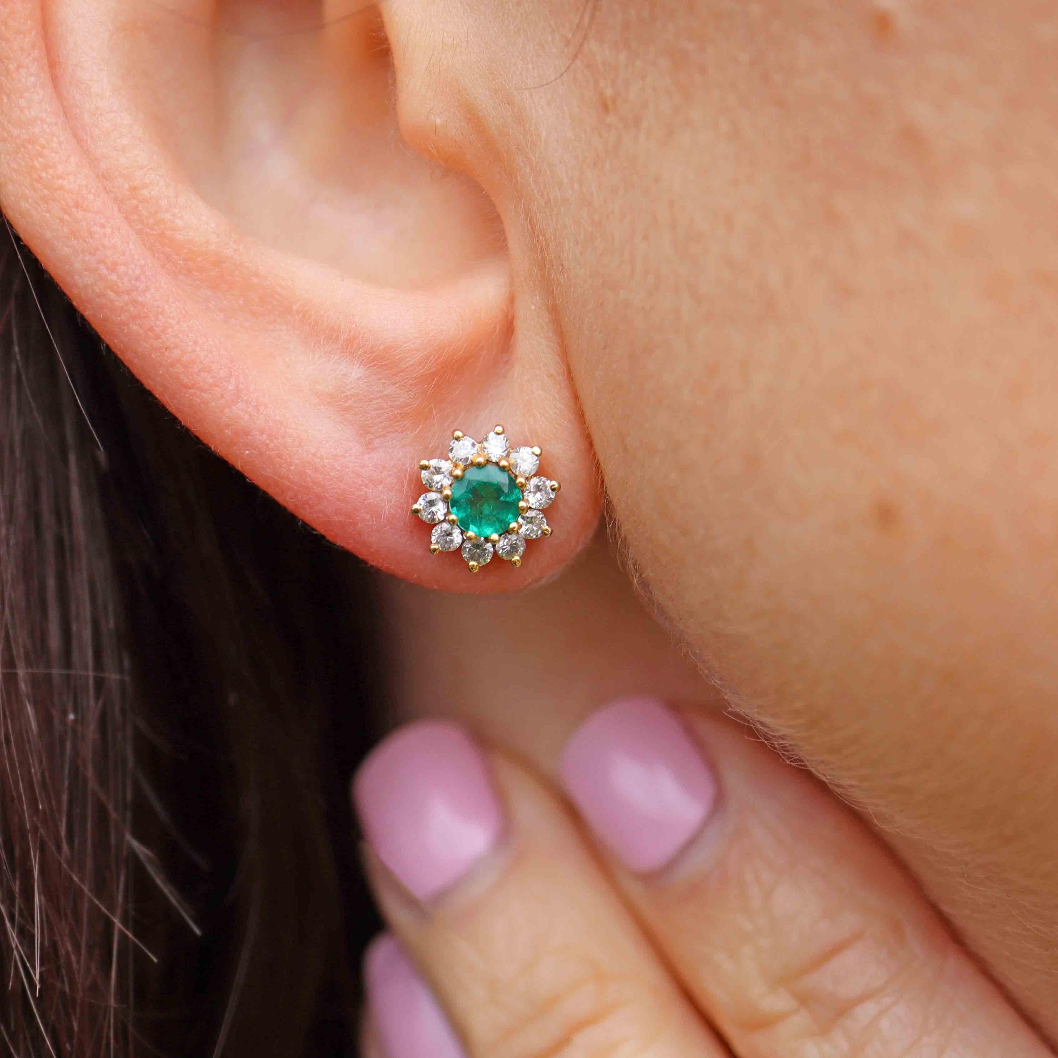 Vintage 1980 Emerald Diamond 18ct Gold Halo Stud Earrings