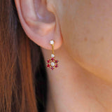 Ellibelle Jewellery Vintage 1980 Ruby & Diamond 18ct Gold Daisy Cluster Drop Earrings