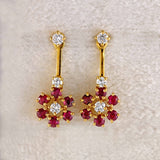 Ellibelle Jewellery Vintage 1980 Ruby & Diamond 18ct Gold Daisy Cluster Drop Earrings