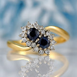 Ellibelle Jewellery Vintage 1980 Sapphire & Diamond 18ct Gold Double-Cluster Crossover Ring