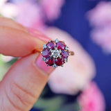 Ellibelle Jewellery Vintage 1981 Ruby & Diamond 18ct Gold Floral Cluster Ring