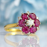 Ellibelle Jewellery Vintage 1981 Ruby & Diamond 18ct Gold Floral Cluster Ring