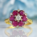 Ellibelle Jewellery Vintage 1981 Ruby & Diamond 18ct Gold Floral Cluster Ring