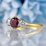 Ellibelle Jewellery Vintage 1982 Ruby & Diamond 18ct Gold Three-Stone Engagement Ring