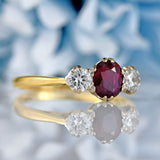 Ellibelle Jewellery Vintage 1982 Ruby & Diamond 18ct Gold Three-Stone Engagement Ring