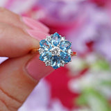 Ellibelle Jewellery Vintage 1983 Aquamarine & Diamond 18ct Gold Floral Cluster Ring