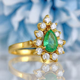 Ellibelle Jewellery Vintage 1984 Emerald & Diamond 18ct Gold Pear-Shaped Cluster Engagement Ring
