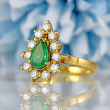 Ellibelle Jewellery Vintage 1984 Emerald & Diamond 18ct Gold Pear-Shaped Cluster Engagement Ring