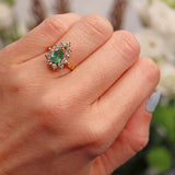 Ellibelle Jewellery Vintage 1984 Emerald & Diamond 18ct Gold Pear-Shaped Cluster Engagement Ring