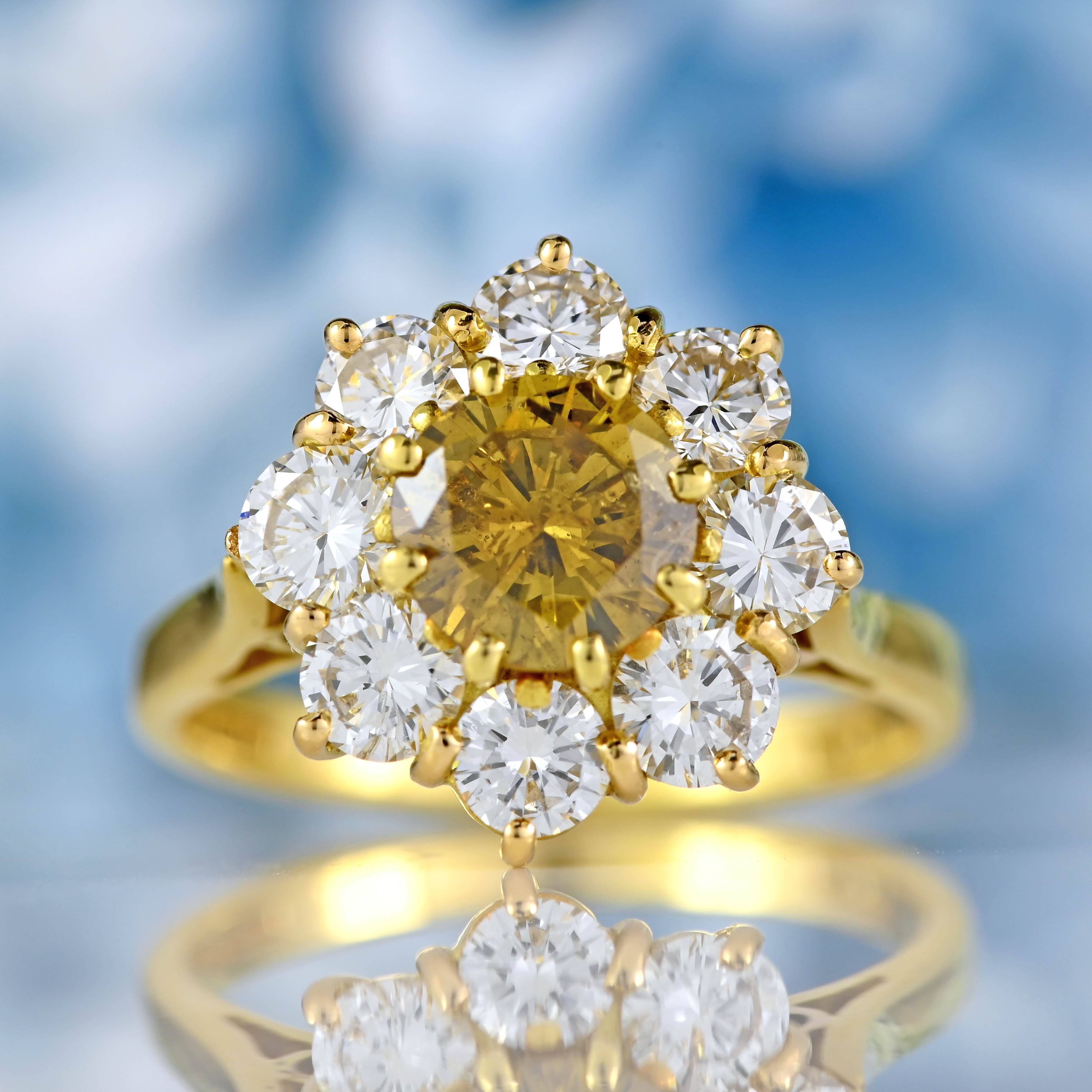 Vintage 1985 Fancy Yellow Diamond 18ct Gold Cluster Engagement
