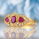 Ellibelle Jewellery Vintage 1985 Vari-Cut Ruby & Diamond 18ct Gold Three-Stone Cluster Ring