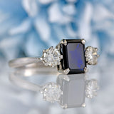 Ellibelle Jewellery Vintage 1986 Emerald-Cut Sapphire & Diamond 18ct White Gold Three-Stone Ring