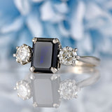 Ellibelle Jewellery Vintage 1986 Emerald-Cut Sapphire & Diamond 18ct White Gold Three-Stone Ring