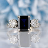 Ellibelle Jewellery Vintage 1986 Emerald-Cut Sapphire & Diamond 18ct White Gold Three-Stone Ring
