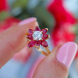 Ellibelle Jewellery Vintage 1986 Pear-Cut Ruby & Diamond 18ct Gold Flower Cluster Ring