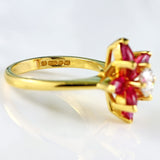 Ellibelle Jewellery Vintage 1986 Pear-Cut Ruby & Diamond 18ct Gold Flower Cluster Ring