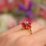 Ellibelle Jewellery Vintage 1986 Pear-Cut Ruby & Diamond 18ct Gold Flower Cluster Ring