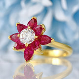Ellibelle Jewellery Vintage 1986 Pear-Cut Ruby & Diamond 18ct Gold Flower Cluster Ring