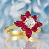 Ellibelle Jewellery Vintage 1986 Pear-Cut Ruby & Diamond 18ct Gold Flower Cluster Ring