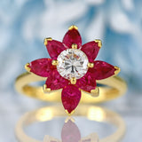 Ellibelle Jewellery Vintage 1986 Pear-Cut Ruby & Diamond 18ct Gold Flower Cluster Ring