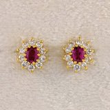 Ellibelle Jewellery Vintage 1986 Ruby & Diamond 18ct Gold Oval Cluster Stud Earrings