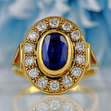 Ellibelle Jewellery Vintage 1986 Sapphire & Diamond 18ct Gold Cluster Engagement Ring (2.30cts)