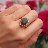 Ellibelle Jewellery Vintage 1987 Black Opal & Diamond 18ct Gold Cluster Ring