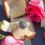 Ellibelle Jewellery Vintage 1987 Black Opal & Diamond 18ct Gold Cluster Ring