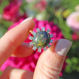 Ellibelle Jewellery Vintage 1987 Black Opal & Diamond 18ct Gold Cluster Ring