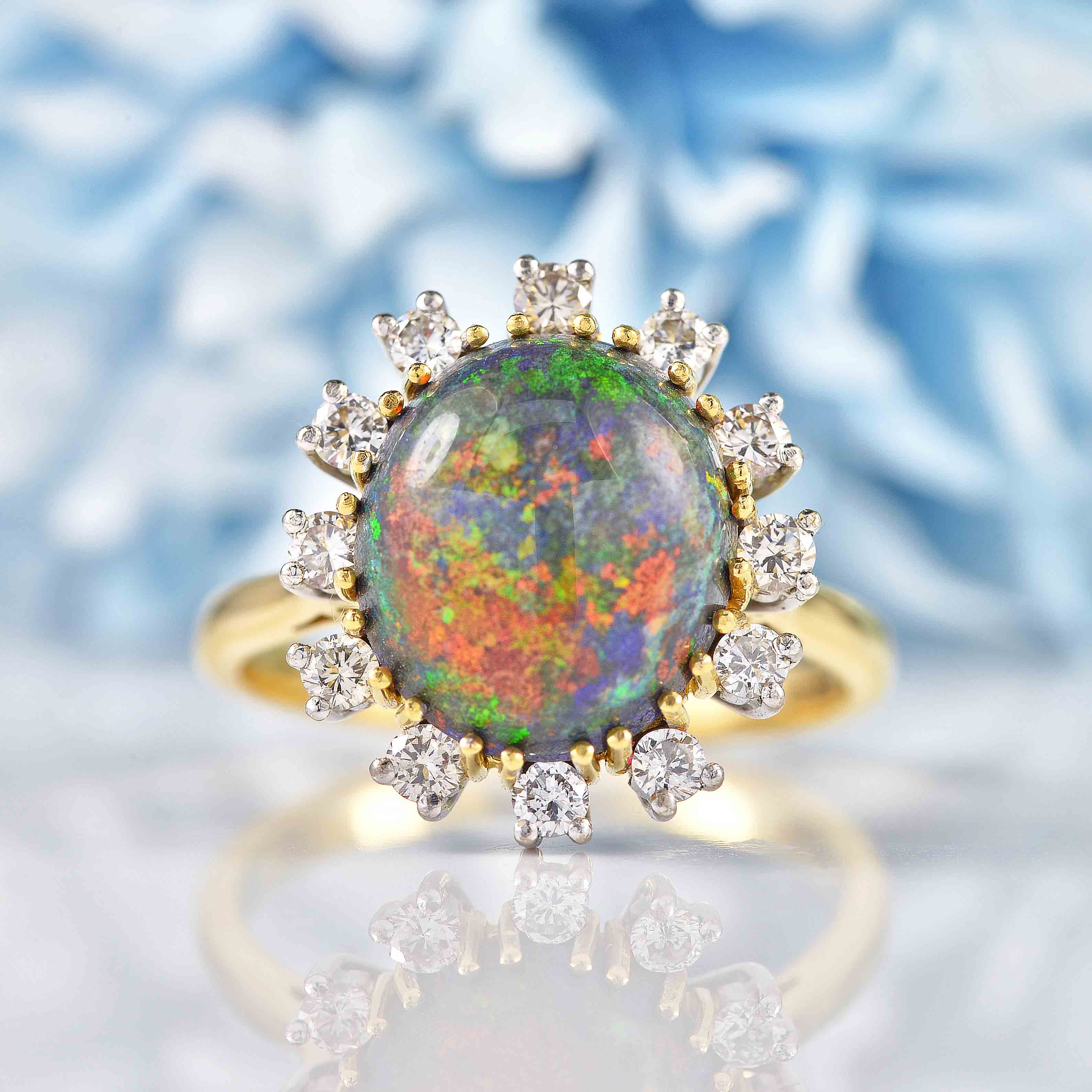Vintage 1987 Black Opal Diamond 18ct Gold Cluster Ring